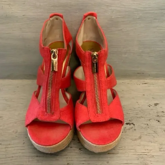 Michael Michael Kors Coral Canvas Espadrille Wedge Sandals Size 7 Good Condition - Picture 2 of 8